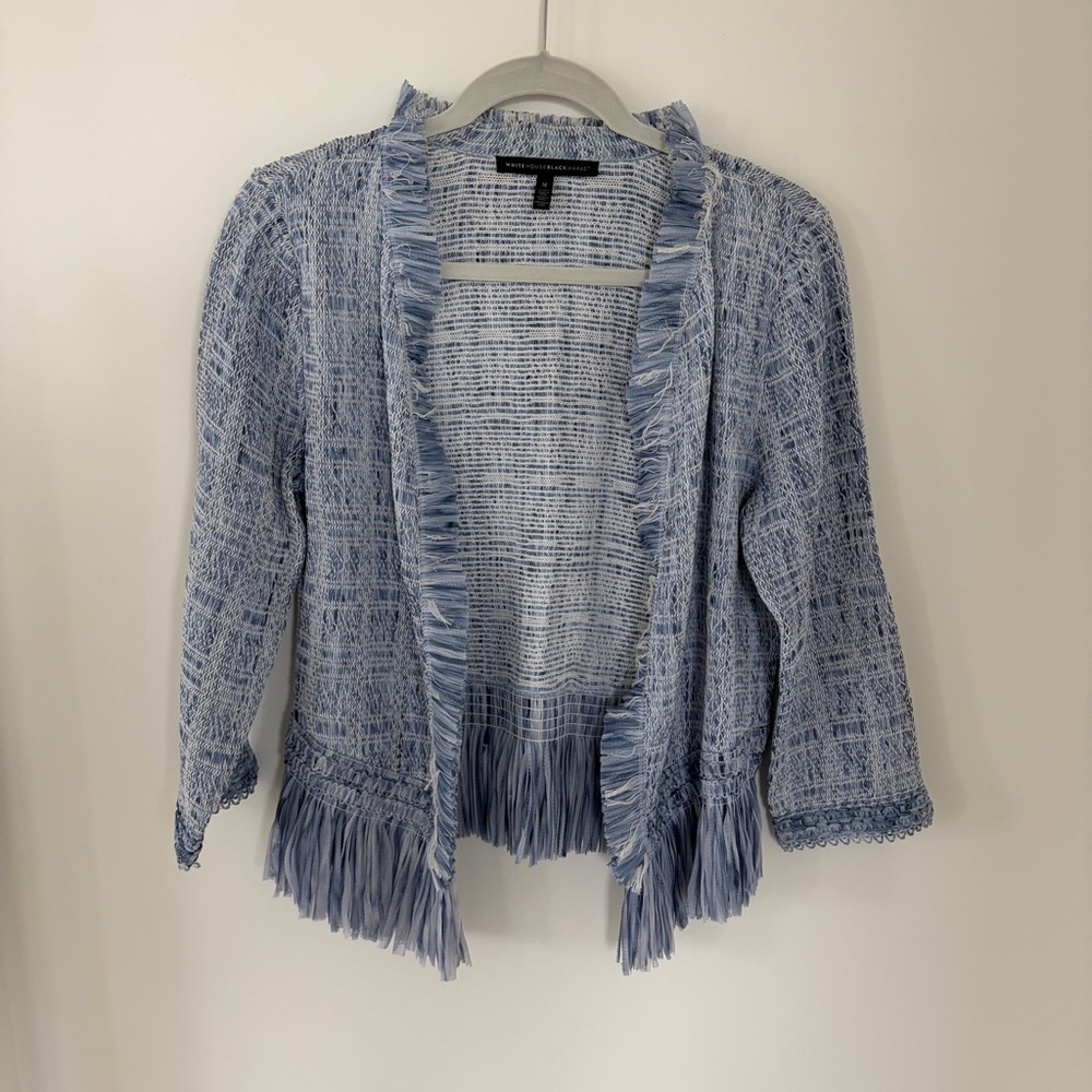 White House Black Market Light Blue Fringe Cardigan